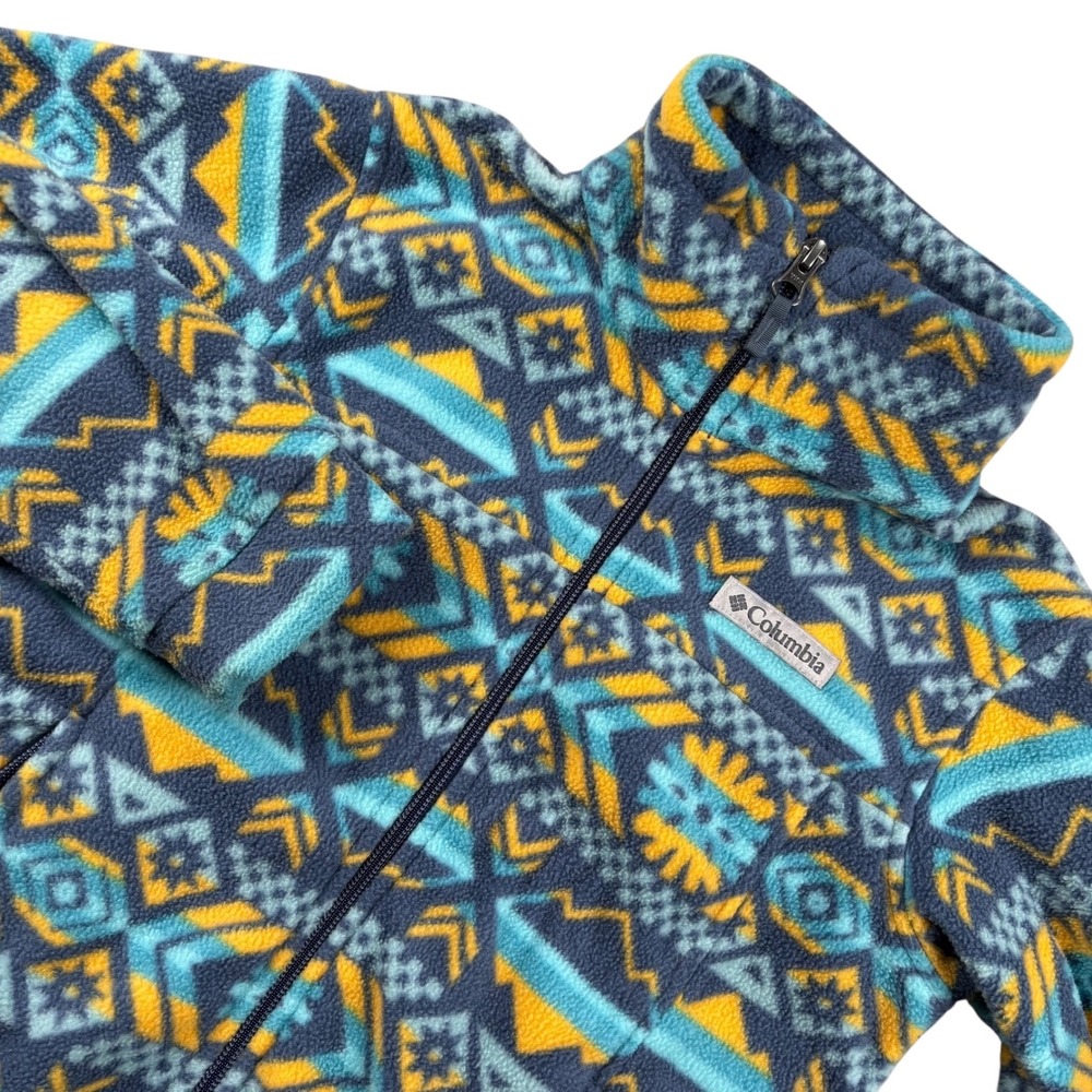 Columbia Fleece Jacket Full Zip Geometric Aztec Pattern Blue‎ Yellow Kids Sz S